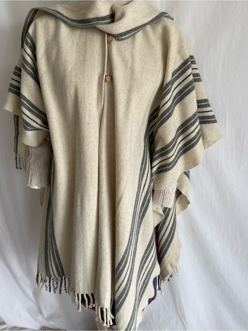 Wool Blanket Poncho Cape Cream Grey Stripe Fringe Oversized One Size